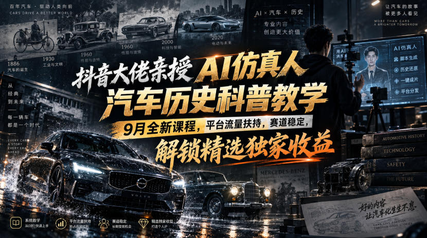 抖音大佬亲授AI仿真人汽车历史科普教学,9月全新课程,平台流量扶持,赛道稳定,解锁精选独家收益-云创终点站