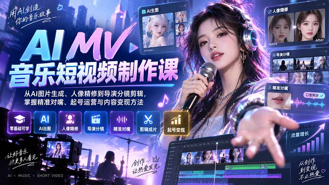 AI MV音乐短视频制作课:从AI图片生成、人像精修到导演分镜剪辑,掌握精准对嘴、起号运营与内容变现方法-云创终点站