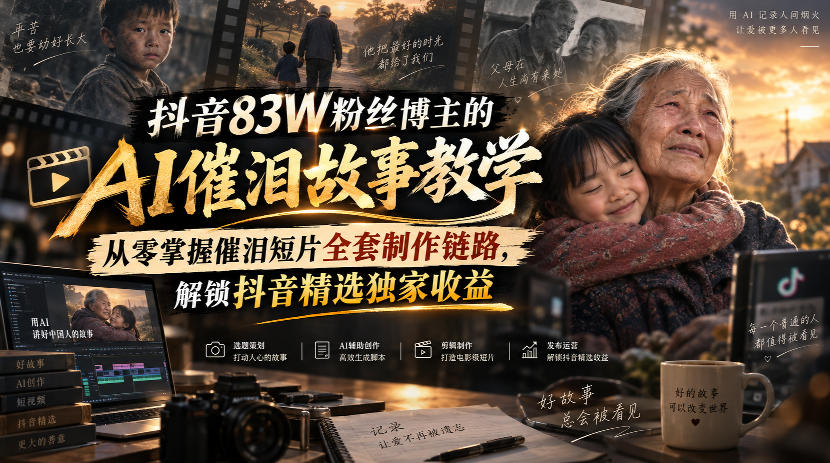 抖音83W粉丝博主的AI催泪故事教学,从零掌握催泪短片全套制作链路,解锁抖音精选独家收益-云创终点站