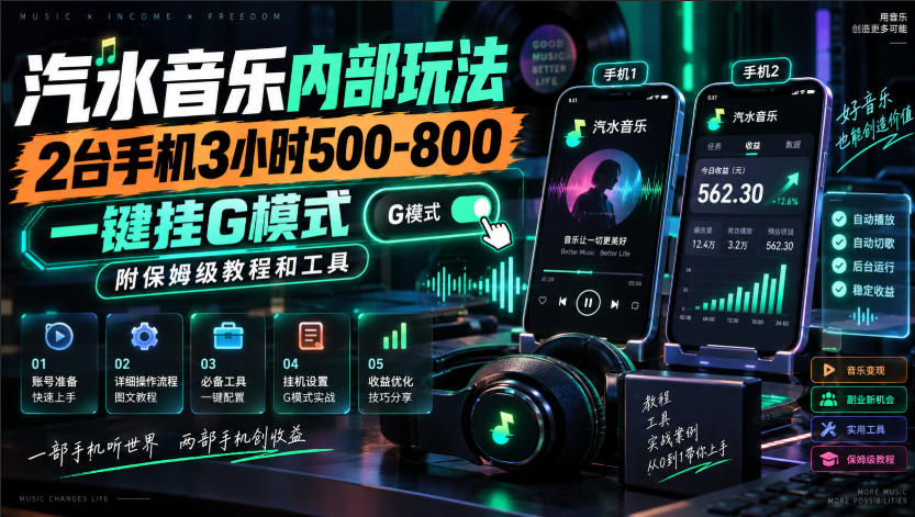 汽水音乐内部玩法,2台手机3小时500-800,一键挂G模式,附保姆级教程和工具【揭秘】-云创终点站