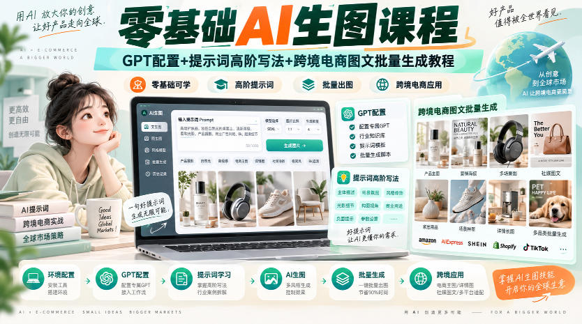 零基础AI生图课程,GPT配置+提示词高阶写法+跨境电商图文批量生成教程-云创终点站