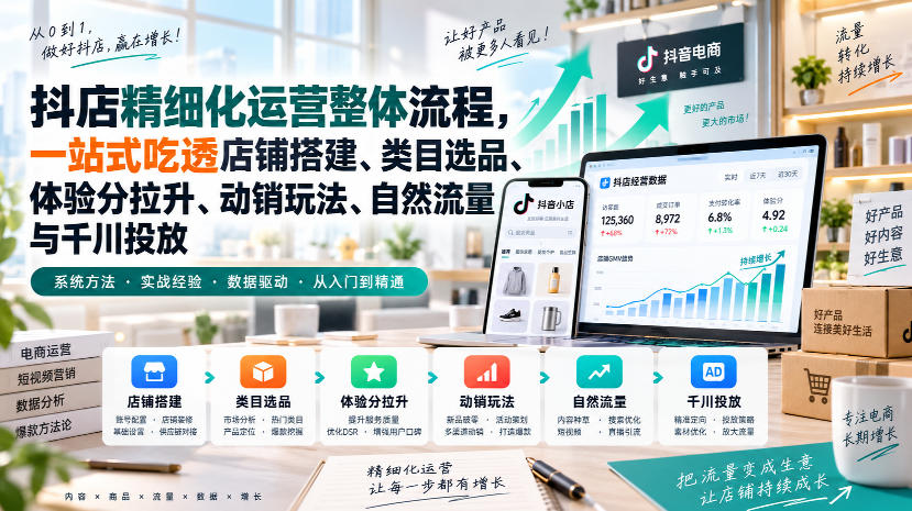 李哥电商-抖店精细化运营整体流程，一站式吃透店铺搭建、类目选品、体验分拉升、动销玩法、自然流量与千川投放-云创终点站
