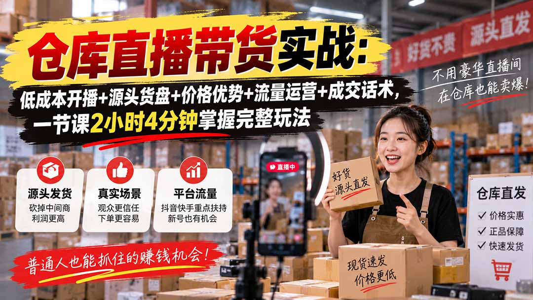 仓库直播带货实战：低成本开播+源头货盘+价格优势+流量运营+成交话术，一节课2小时4分钟掌握完整玩法-云创终点站