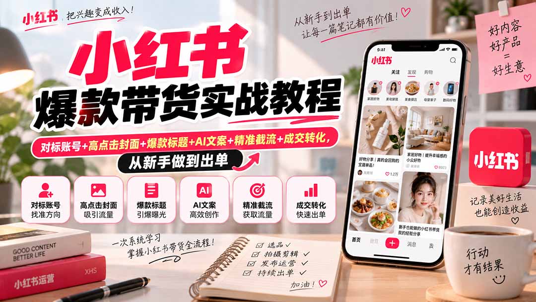 小红书爆款带货实战教程｜对标账号+高点击封面+爆款标题+AI文案+精准截流+成交转化，从新手做到出单-云创终点站