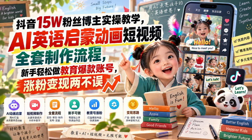 抖音15W粉丝博主实操教学,AI英语启蒙动画短视频全套制作流程,新手轻松做教育爆款账号,涨粉变现两不误-云创终点站
