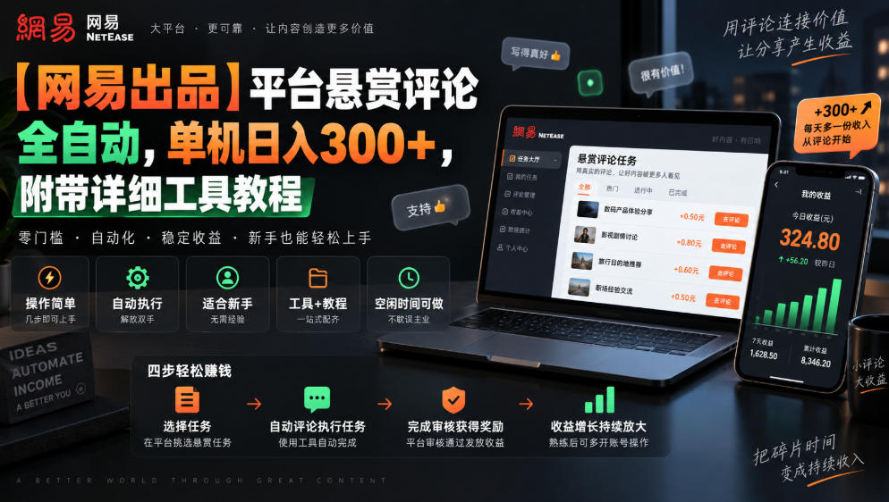 【网易出品】平台悬赏评论全自动,单机日入300+,附带详细工具教程【揭秘】-云创终点站