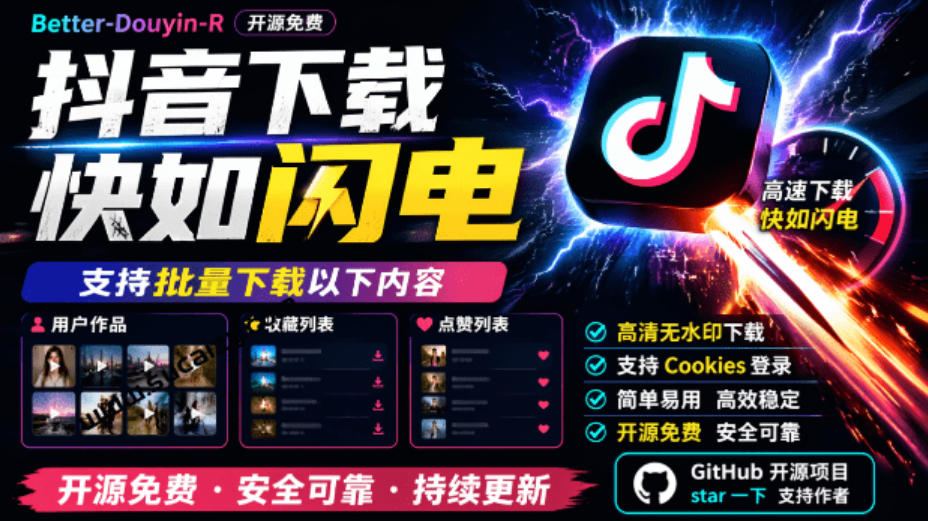 超级好用!抖音视频下载神器,支持批量下载用户作品收藏列表和点赞列表,开源完全免费Better-douyin-R-云创终点站