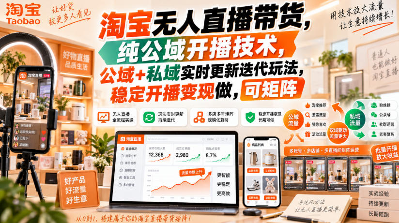 淘宝无人直播带货，纯公域开播技术，公域+私域实时更新迭代玩法，稳定开播变现做，可矩阵【揭秘】-云创终点站