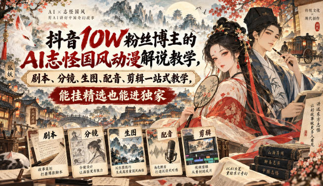 抖音10W粉丝博主满堂诡事的AI志怪国风动漫解说教学,剧本、分镜、生图、配音、剪辑一站式教学,能挂精选也能进独家-云创终点站