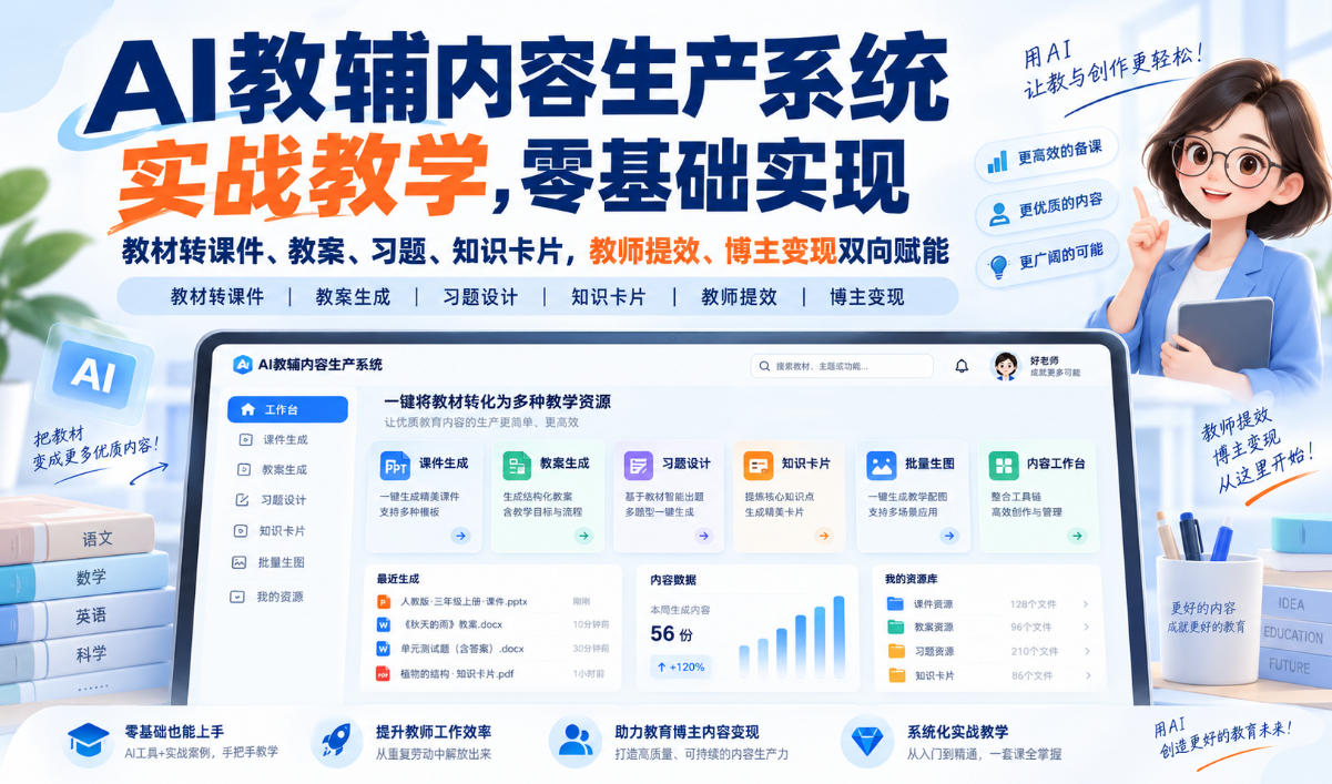 AI教辅内容生产系统实战教学,零基础实现教材转课件、教案、习题、知识卡片,教师提效、博主变现双向赋能-云创终点站