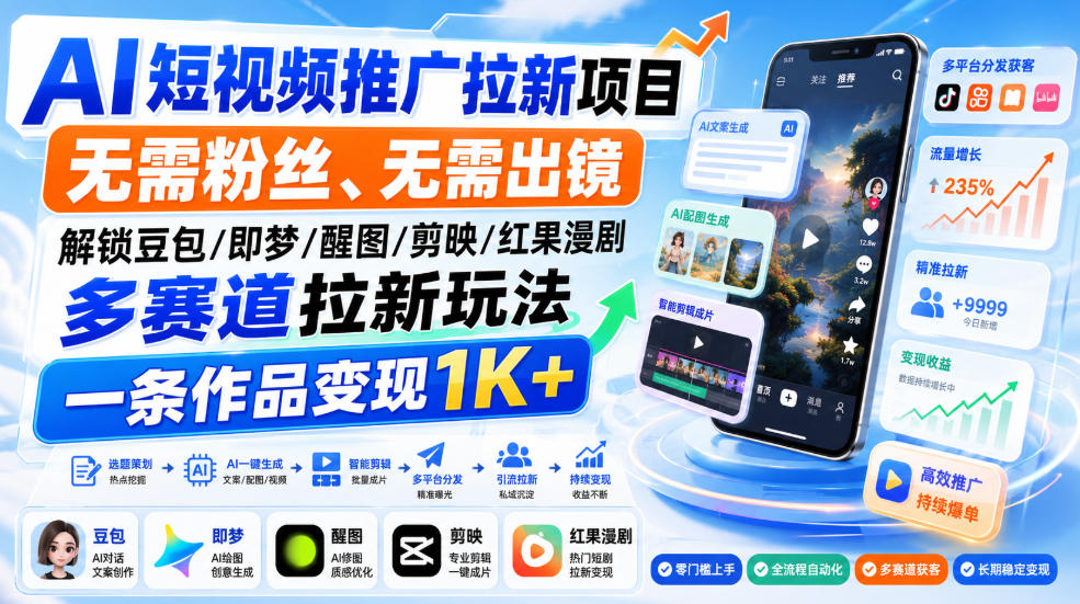 AI短视频推广拉新项目,无需粉丝、无需出镜,解锁豆包/即梦/醒图/剪映/红果漫剧多赛道拉新玩法,一条作品变现1K+(更新0918)-云创终点站