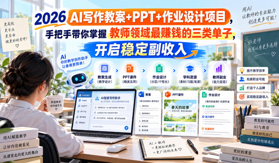 2026 AI写作教案+PPT+作业设计项目，手把手带你掌握教师领域最賺钱的三类单子，开启稳定副收入-云创终点站