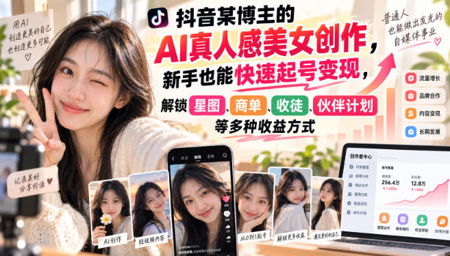 抖音某博主的AI真人感美女创作,新手也能快速起号变现,解锁星图,商单,收徒,伙伴计划等多种收益方式-云创终点站