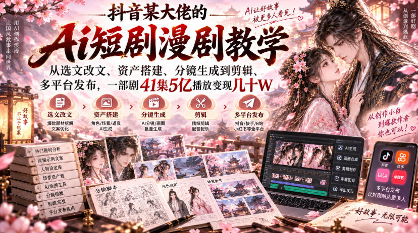 抖音某大佬的Ai短剧漫剧教学,从选文改文、资产搭建、分镜生成到剪辑、多平台发布,一部剧41集5亿播放变现几十W-云创终点站