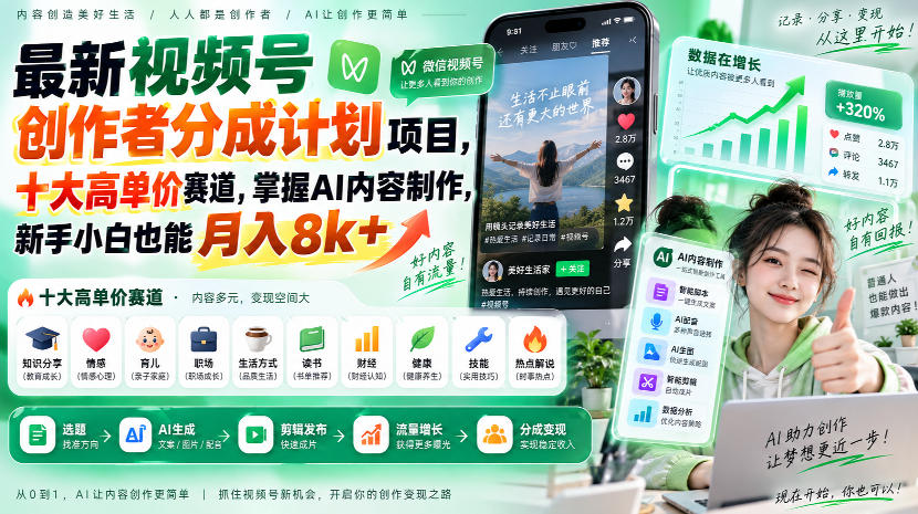 最新视频号创作者分成计划项目,十大高单价赛道,掌握AI内容制作,新手小白也能月入8k+-云创终点站