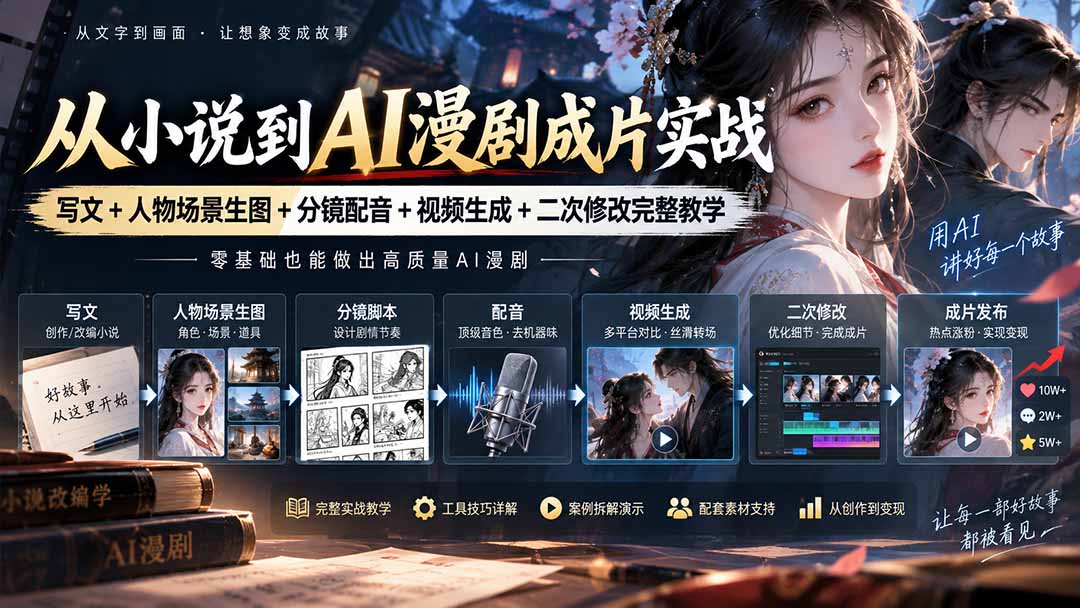 从小说到AI漫剧成片实战:写文+人物场景生图+分镜配音+视频生成+二次修改完整教学-云创终点站