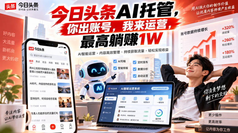 今日头条AI托管,你出账号,我来运营,最高躺賺1W【揭秘】-云创终点站