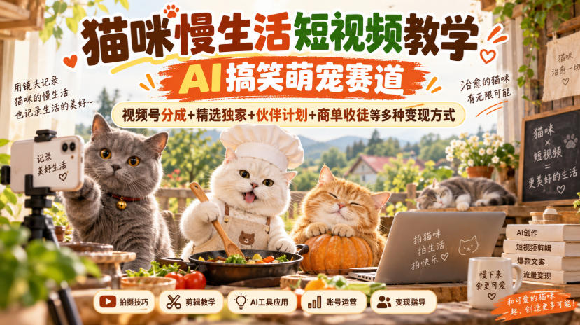 猫咪慢生活短视频教学,AI搞笑萌宠赛道,视频号分成+精选独家+伙伴计划+商单收徒等多种变现方式-云创终点站