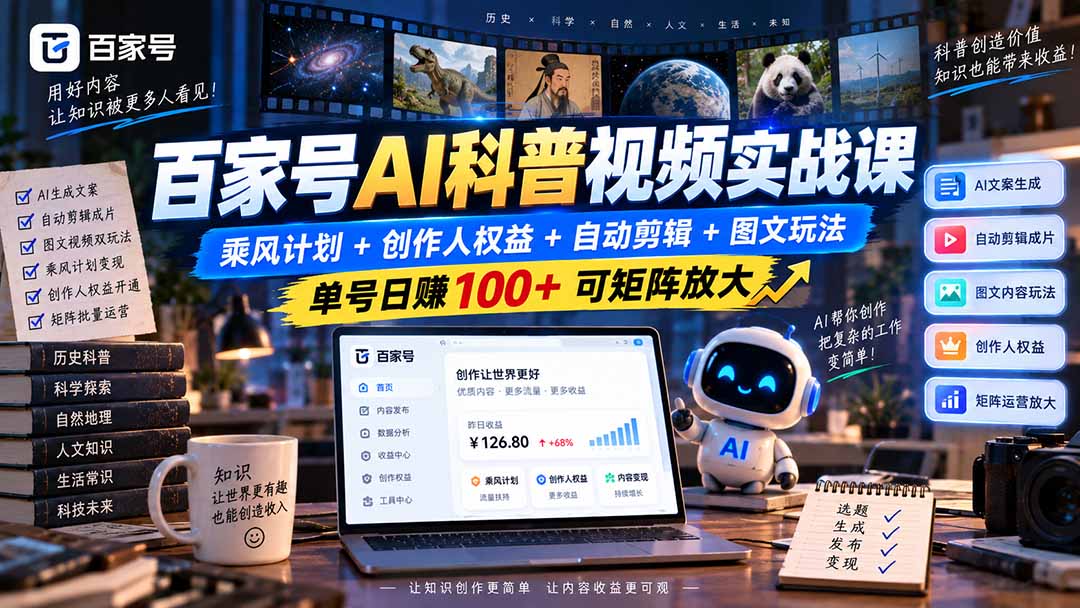 百家号AI科普视频实战课:乘风计划+创作人权益+自动剪辑+图文玩法,单号日赚100+可矩阵放大-云创终点站