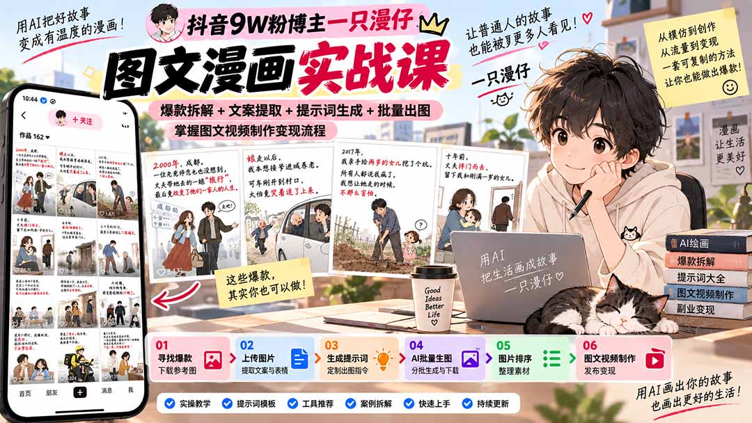 抖音9W粉博主一只漫仔图文漫画课:爆款拆解+文案提取+提示词生成+批量出图,掌握图文视频制作变现流程-云创终点站